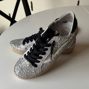 ShuShop Silver Glitter Sneakers with Black Accents